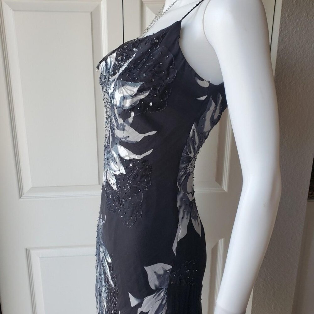 Cache Silk Blend Sleeveless Midi Beaded Dress Asymmetrical Hem - Picture 4 of 10